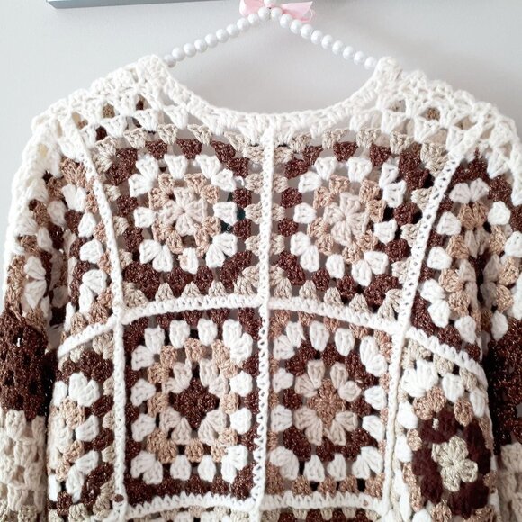 NWT Misskoo brown, cream, gold metallic fibre shimmer accent crochet cardigan - Picture 11 of 12